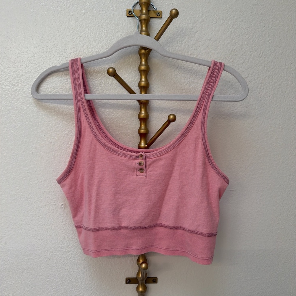 BDG Dusty Pink Ribbed-Trim Cropped Tank with Button Placket